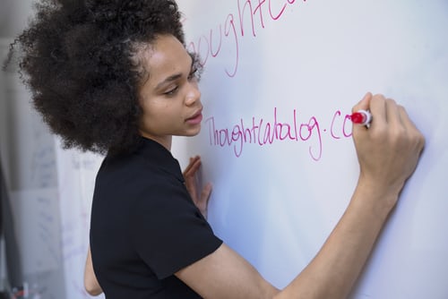 Community member writing ideas on a board