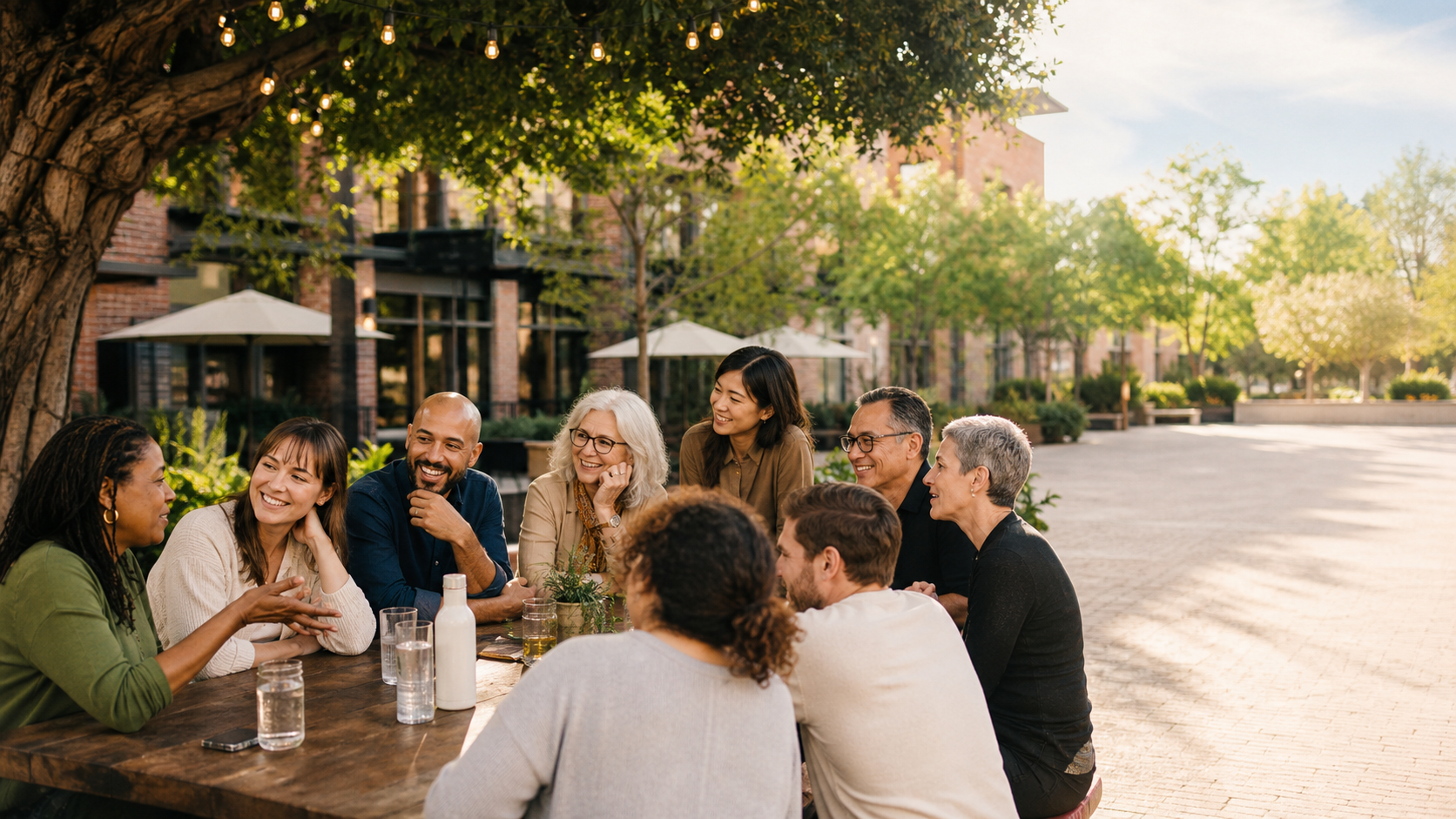 People gathered in an open-air community setting